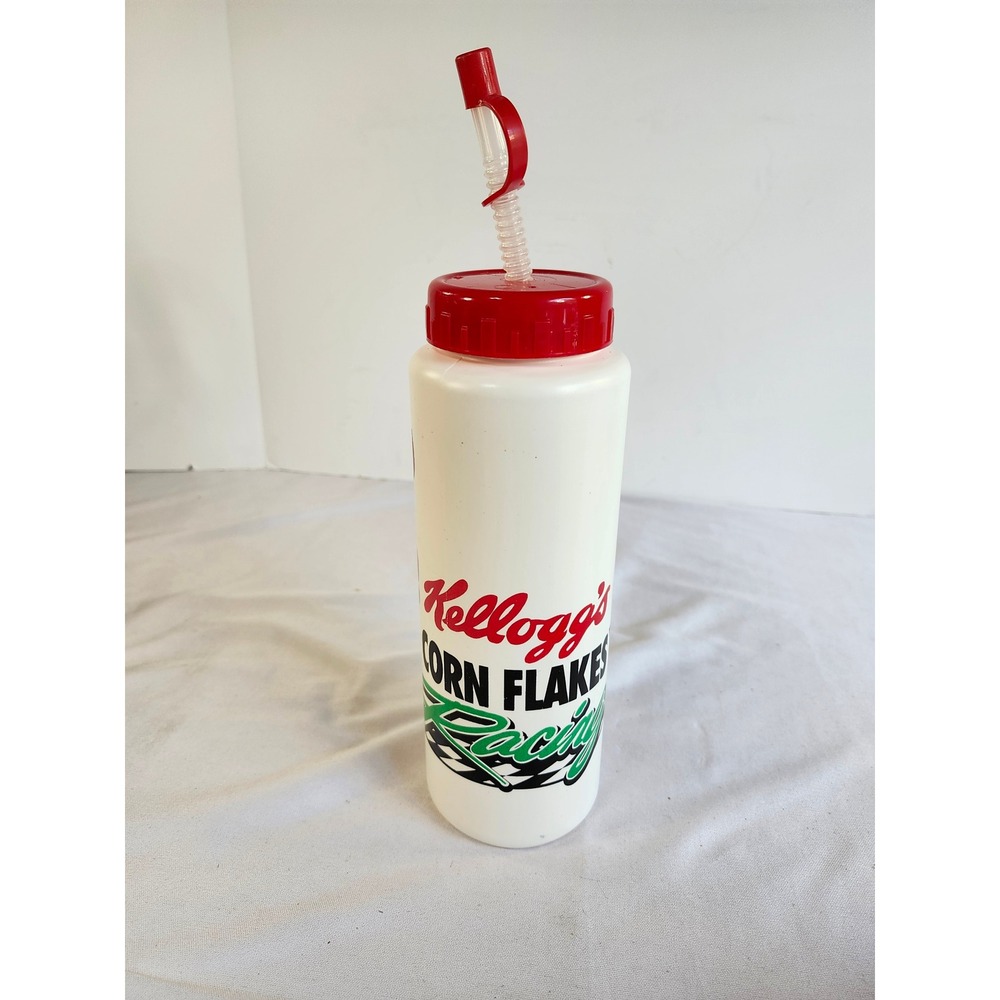 Vintage Kelloggs Corn Flakes Racing Water Bottle Betras Plastics USA White Red